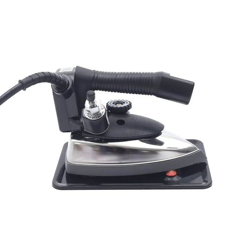 Heavy Duty Workhorse Gravity Feed Steam Iron With Hefty 3L Reservoir And Slick Nonstick Soleplate shown from the side for commercial use.