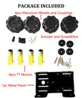 MC100 4WD Mecanum wheel car chassis kit with four TT motors, four wheels, screws and metal panel (front view)