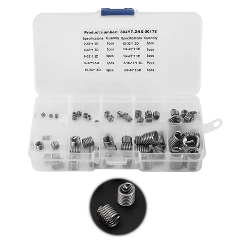 Wire Screw Sleeve Set, 60 Pieces, 304 Stainless Steel Thread Repair Inserts Kit With Plastic Box displayed with assorted sizes in compartments