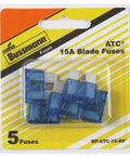 ATC Automotive Blade Fuse 15 Amp Blue Carded, UL Recognized, 5-pack blister packaging with blue fuses visible