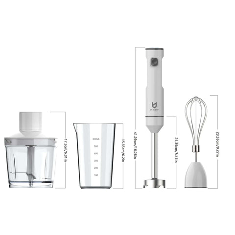 Cordless Hand Blender With Chopper Bowl For Smoothies And Baby Food Soups Rechargeable Wireless Immersion Mixer With Type C Charging, accessories laid out with dimensions.