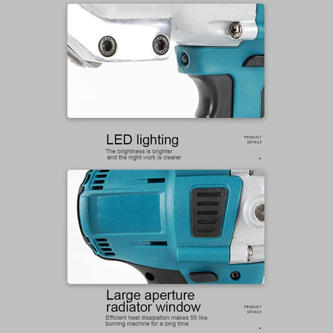 Close-up of LED lighting and radiator window on Cut Like A Boss With These Brushless Cordless Metal Cutting Shears.