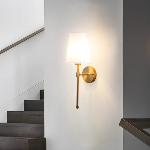 Battery Operated Wall Sconces Set Of 2 With Rechargeable Magnetic Bulbs, RGB Dimmable Wireless Bedroom Lights Up To 50 Hours Runtime, Sleek Brass Remote Fixture For Plug Free Space Glow Ups And Daily Vibe Decor mounted on wall next to stairs.