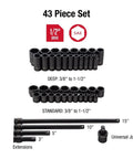 Forty Three Piece One Half Inch Drive Impact Socket Set Built Tough With Chromoly Steel Construction, extensions, and universal joint.