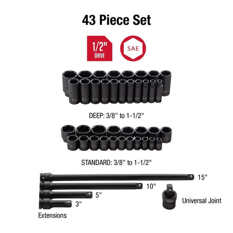 Forty Three Piece One Half Inch Drive Impact Socket Set Built Tough With Chromoly Steel Construction, extensions, and universal joint.