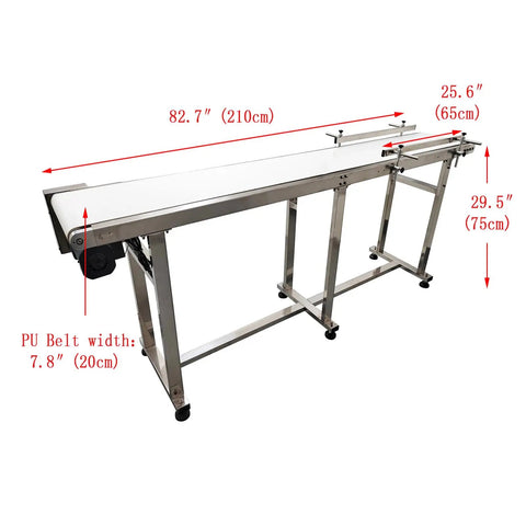 110V PU Belt Conveyor With Double Guardrails, 82.7 Inch Long Belt, 7.8 Inch Wide Flat Conveyor System on stainless steel frame