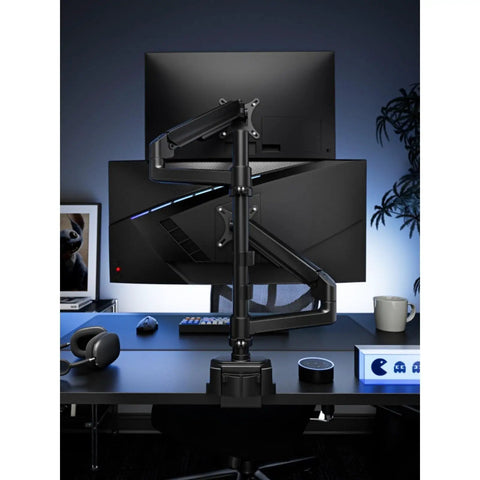 Hella Stable Dual Monitor Mount For Desktop Setup Vertical And Inverted Stand With Slick Swivel Mechanism And Heavy Duty Clamps. Dual monitor setup with heavy-duty clamps on a desk.