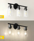 3 Light Vanity Fixture With Glass Shade Over Mirror 4000K Black Vanity Light Bulbs Included Wall Mount For Bathroom