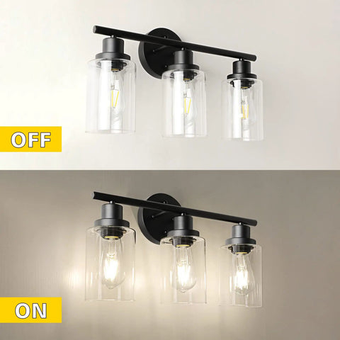 3 Light Vanity Fixture With Glass Shade Over Mirror 4000K Black Vanity Light Bulbs Included Wall Mount For Bathroom