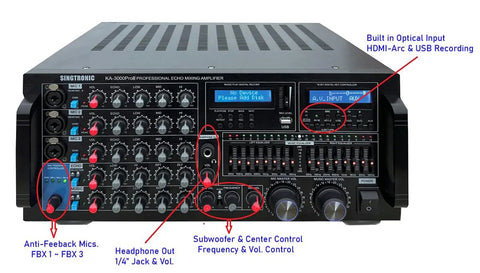 Front view of KA-3000ProII 3000W Karaoke Mixing Amplifier with controls for DJ KJ Console and built-in HDMI ARC, USB Recording.