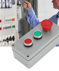 Outdoor Ready 3 Button Emergency Stop Push Button Switch Station With Red And Green Indicator IP66 Aluminum Housing Momentary And Latching 1NC 1NO Weatherproof 175x80x55mm Enclosure shown in use.