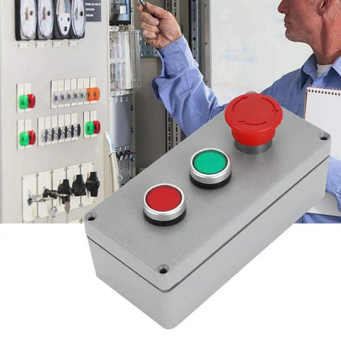 Outdoor Ready 3 Button Emergency Stop Push Button Switch Station With Red And Green Indicator IP66 Aluminum Housing Momentary And Latching 1NC 1NO Weatherproof 175x80x55mm Enclosure shown in use.