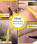 Ultra Precise Pointed Tweezers For Ingrown Hair Removal shown removing ingrown hair, splinters, pimples; multipurpose for men and women.