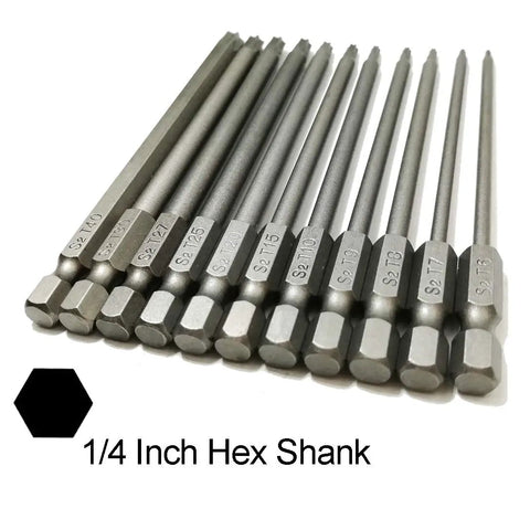 Long Torx Security Driver Bit Set One Quarter Inch Hex Shank 100mm Length T6 Through T40 11 Piece S2 Steel Torx Bits For Drill And Driver Pro Grade Great For Pros And Enthusiasts