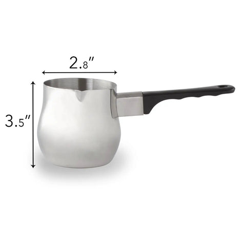 Stainless steel Turkish Coffee Pot Warmer Set In Stainless Steel, Stovetop Espresso Warmer with dimensions, side view.