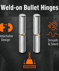 Heavy Duty Barrel Hinges Two And A Half Inches By Three Eighths Inches Carbon Steel Detachable Bullet Hinges for weldable gates, pair shown