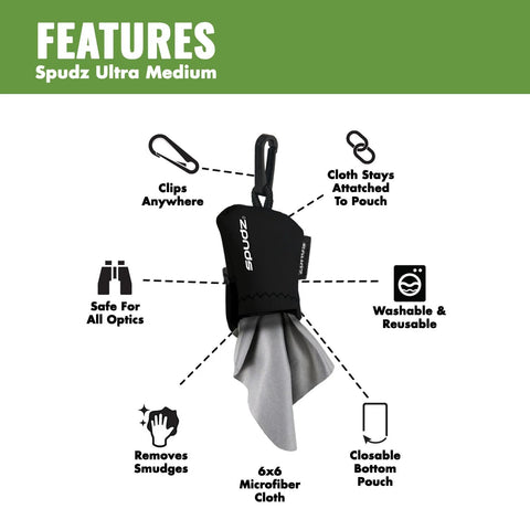 SPUDZ Ultra Microfiber Lens Cleaning Kit, black clip-on pouch with 6x6 inch microfiber cloth
