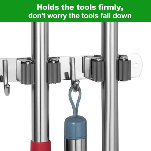 Heavy Duty Wall Mount Mop And Broom Holder With Five Slots And Four Hooks Self Adhesive Stainless Steel Organizer for tools.