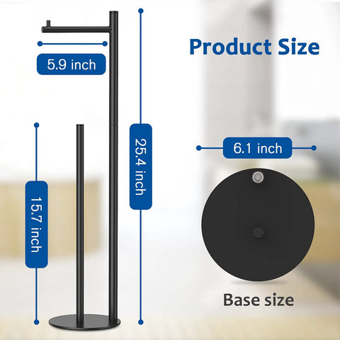 Dimensions of Free Standing Black Toilet Paper Holder Stand With Reserve Storage Space Saving Bathroom Roll Holder.