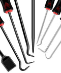 11 Piece Hook And Pick Set For Mechanics With LED Light And Telescoping Handle; black and silver hooks, scraper tips