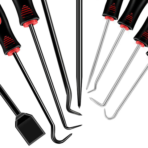 11 Piece Hook And Pick Set For Mechanics With LED Light And Telescoping Handle; black and silver hooks, scraper tips