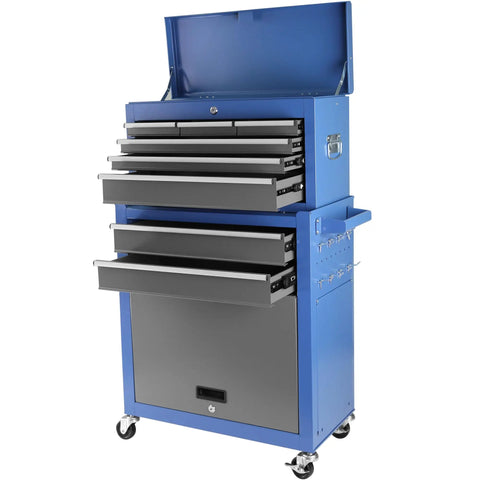 Real Deal Heavy Duty Tool Chest With Eight Spacious Drawers And Tight Locking Compartments designed for rapid detachment with blue finish.