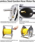 Heavy Duty Wall Mounted Garden Hose Reel With Smooth As Butter Crank Handle Industrial Stainless Steel Water Hose Holder featuring yellow hose and sturdy construction.