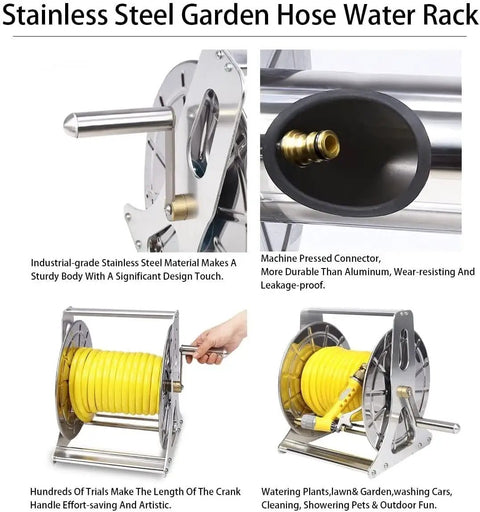Heavy Duty Wall Mounted Garden Hose Reel With Smooth As Butter Crank Handle Industrial Stainless Steel Water Hose Holder featuring yellow hose and sturdy construction.
