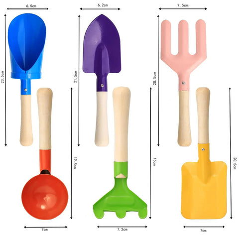 Colorful Six Piece 8 Inch Kids Garden Tools Set With Metal Shovels And Wooden Handle For Beach Sandbox Snow Play displayed vertically