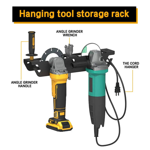 Beefy Steel Wall Mount Multi Tool Organizer And Tool Storage Rack 2 Pack holding angle grinder and wrench