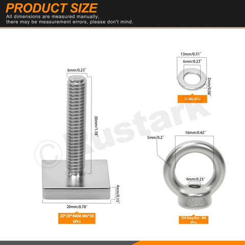 18 Piece M6 T Track Mount Tie Down Anchor Kit 304 Stainless Steel T Slot Bolts With Eye Bolts Product Size Diagram
