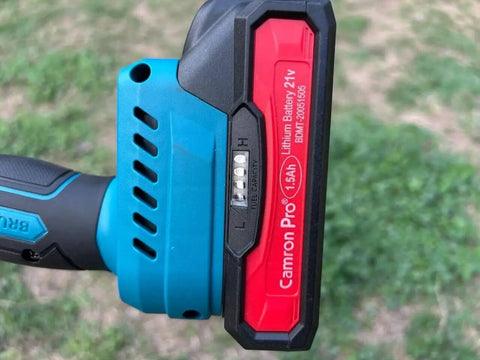 Close-up of Camron Pro 21V lithium battery for Heavy Duty Cordless Drill Driver With Ten Speed Torque Settings And Included Battery.