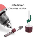 21 Piece Flap Sanding Wheel Kit With 3mm Shank for rotary tools installation showing clockwise rotation of abrasive disc