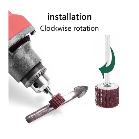 21 Piece Flap Sanding Wheel Kit With 3mm Shank for rotary tools installation showing clockwise rotation of abrasive disc