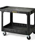 Large Heavy Duty Plastic Utility Cart With Flat Top Measuring Forty Two Point Five By Twenty Five Inches Two Tier Service Cart With Flat Shelves And Full Swivel Wheels Supports Up To Five Hundred Fifty Pounds For Warehouse Garage Cleaning Black