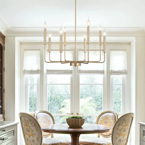 Dope Modern Farmhouse Gold 8 Light Rustic Candle Chandelier Industrial Hanging Light for Dining Room Kitchen Foyer Entryway