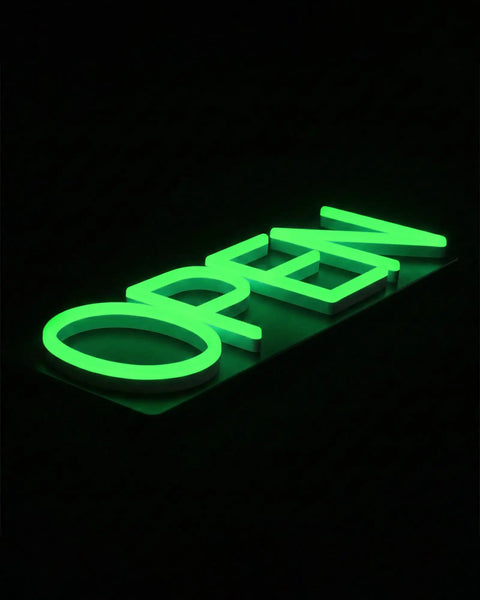 Green LED Open Sign With Remote, 20x7 Inch Neon Look, 12V Plug In, Hanging Chain Included, Black Backing For Bright Day Or Night