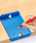 Blue plastic hinge jig on wood for Two Pack Cabinet Door Hinge Jig Kit For Quick Accurate Hinge Hole Positioning And Drill Alignment.