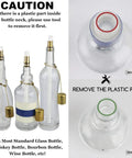 Wine Bottle Torch Kit 4 Pack With Long Life Fiberglass Wicks, Brass Wick Holders And Brass Caps, Just Add Bottle For Outdoor Garden Lighting And Patio Bar Ambiance shown with installation caution imagery.