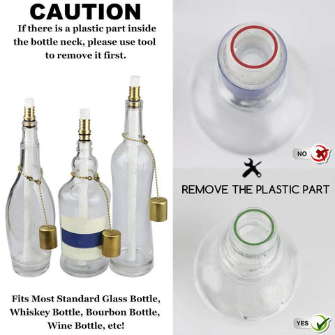 Wine Bottle Torch Kit 4 Pack With Long Life Fiberglass Wicks, Brass Wick Holders And Brass Caps, Just Add Bottle For Outdoor Garden Lighting And Patio Bar Ambiance shown with installation caution imagery.