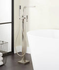 Hibiscus Straight Up Modern Freestanding Tub Faucet Forged From Solid Brass Featuring Integrated Hand Shower On Flex Hose
