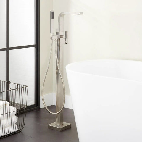 Hibiscus Straight Up Modern Freestanding Tub Faucet Forged From Solid Brass Featuring Integrated Hand Shower On Flex Hose