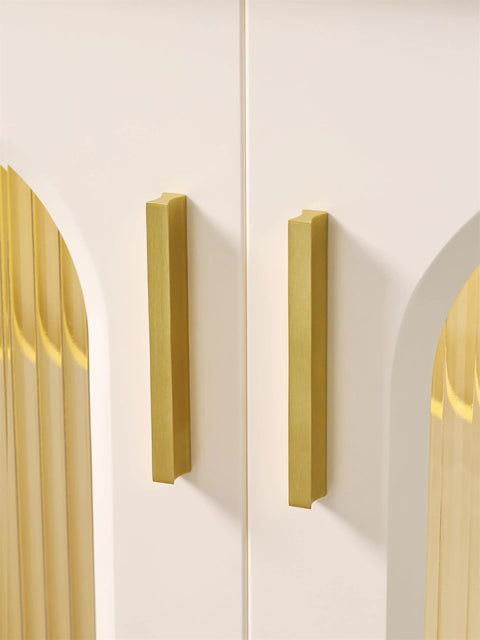 2 Pack Solid Brass Cabinet Handles In Brushed Gold Finish Modern Kitchen Hardware shown installed on white cabinet doors