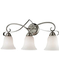 Thomas Vanity Light With Crisp Brushed Nickel Finish And White Glass Shades, Three Light Fixture Measuring 24W X 7D X 11H