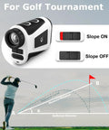 X1 Golf Range Finder With 660 Yard Range Slope On Off Magnetic Flag Locking 7X Magnification Rechargeable Hunting And Disc Golf Range Finder For Accurate Clutch Shots On The Course with slope adjustment buttons and measurement diagram, golfer in action.