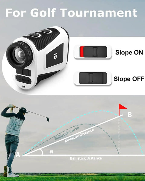 X1 Golf Range Finder With 660 Yard Range Slope On Off Magnetic Flag Locking 7X Magnification Rechargeable Hunting And Disc Golf Range Finder For Accurate Clutch Shots On The Course with slope adjustment buttons and measurement diagram, golfer in action.