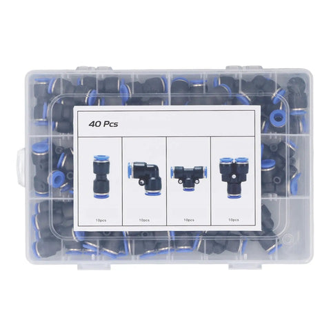 Grab These Awesome Push to Connect Air Fittings Kit To Boost Your Pneumatic System Efficiency And Durability With Easy Install Splitters And Elbows For 8mm Tubes That Rock. 40-piece 8mm plastic pneumatic fittings kit in clear storage case