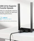 WiFi 6 USB Adapter For Desktop PC Archer TX20U Plus AX1800 Dual Band with 5dBi Antenna on desk showcasing USB 3.0 connection.