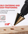 Step Drill Bits Set For DIYers And Pros Five Piece HSS Titanium Coated Step Drill Bit Kit With 50 Size Options drilling in wood