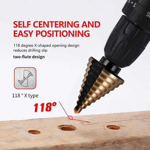Step Drill Bits Set For DIYers And Pros Five Piece HSS Titanium Coated Step Drill Bit Kit With 50 Size Options drilling in wood